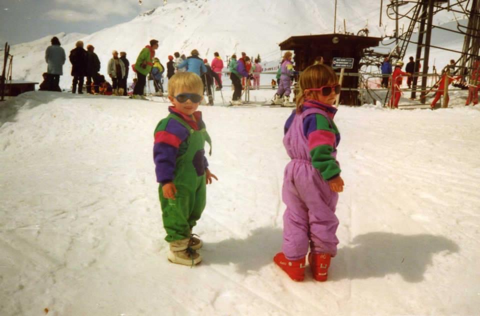Mabey Ski Founder Nickie skiing with brother in 1990