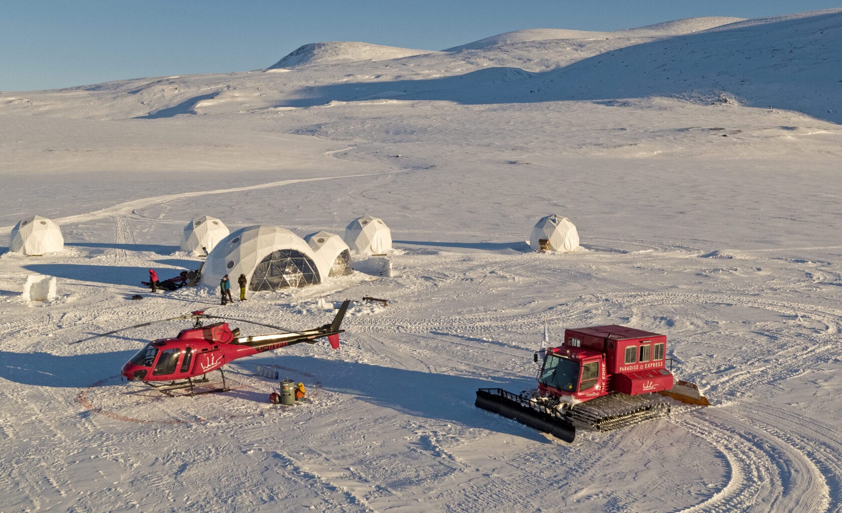 Mabey Ski Weber arctic basecamp with igloos, helicopter & snowplough