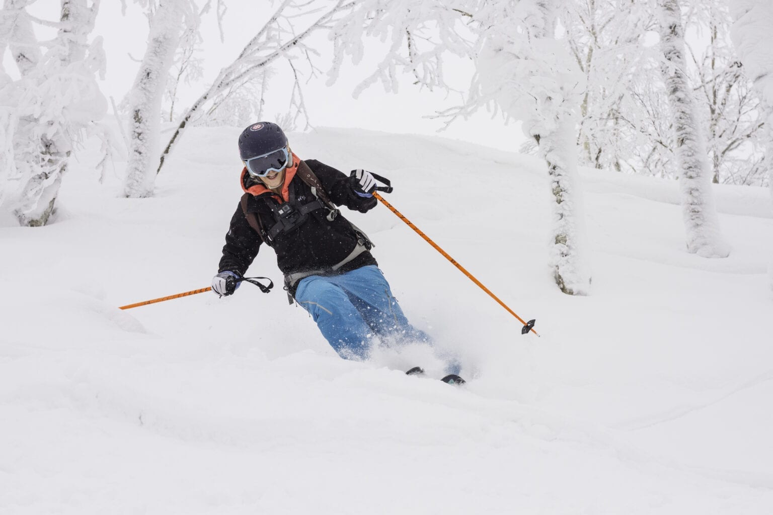Hilary with big smile backcountry skiing in Rusutsu Japan